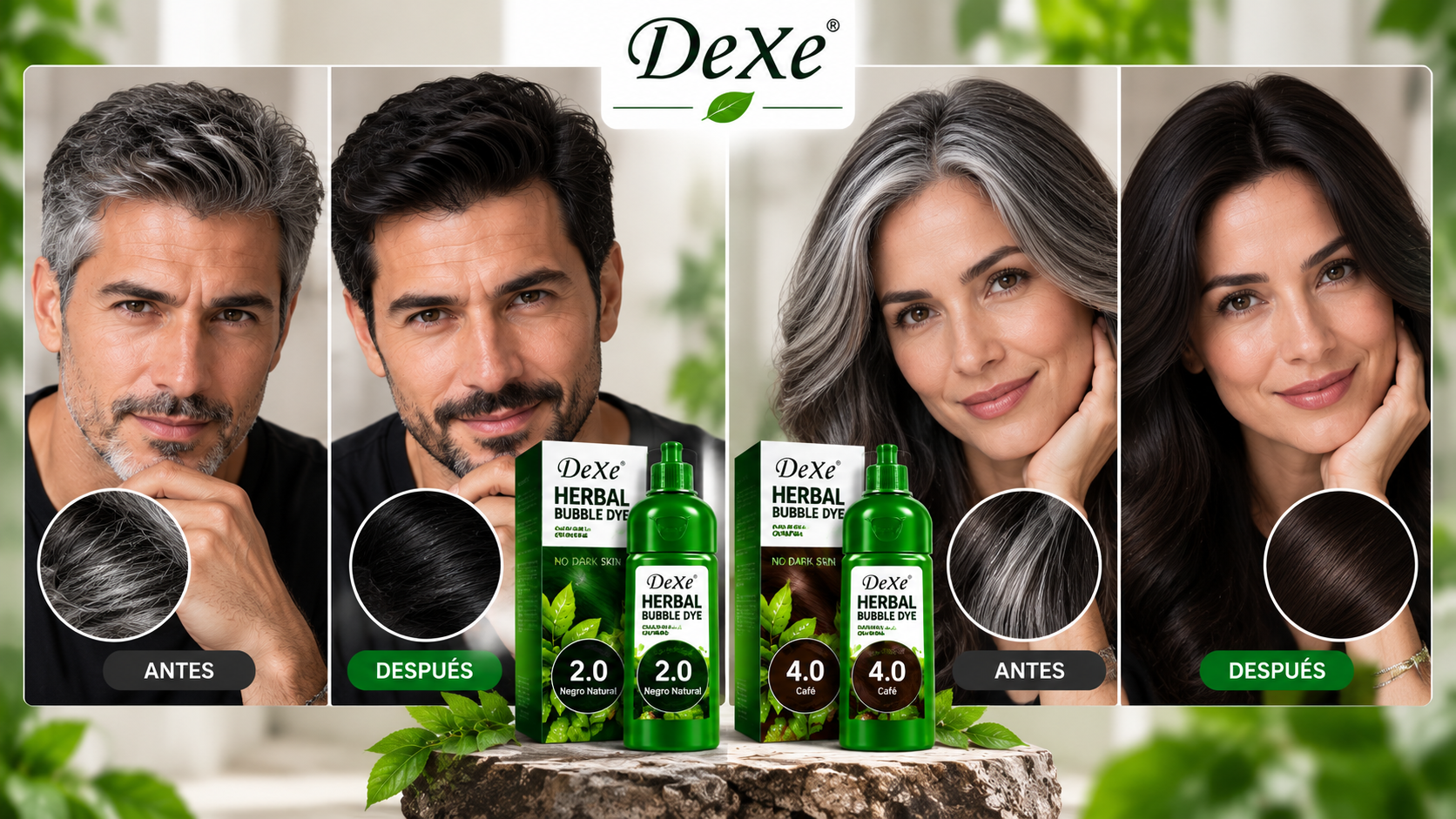 Resultados antes y después con DeXe Herbal Bubble Dye